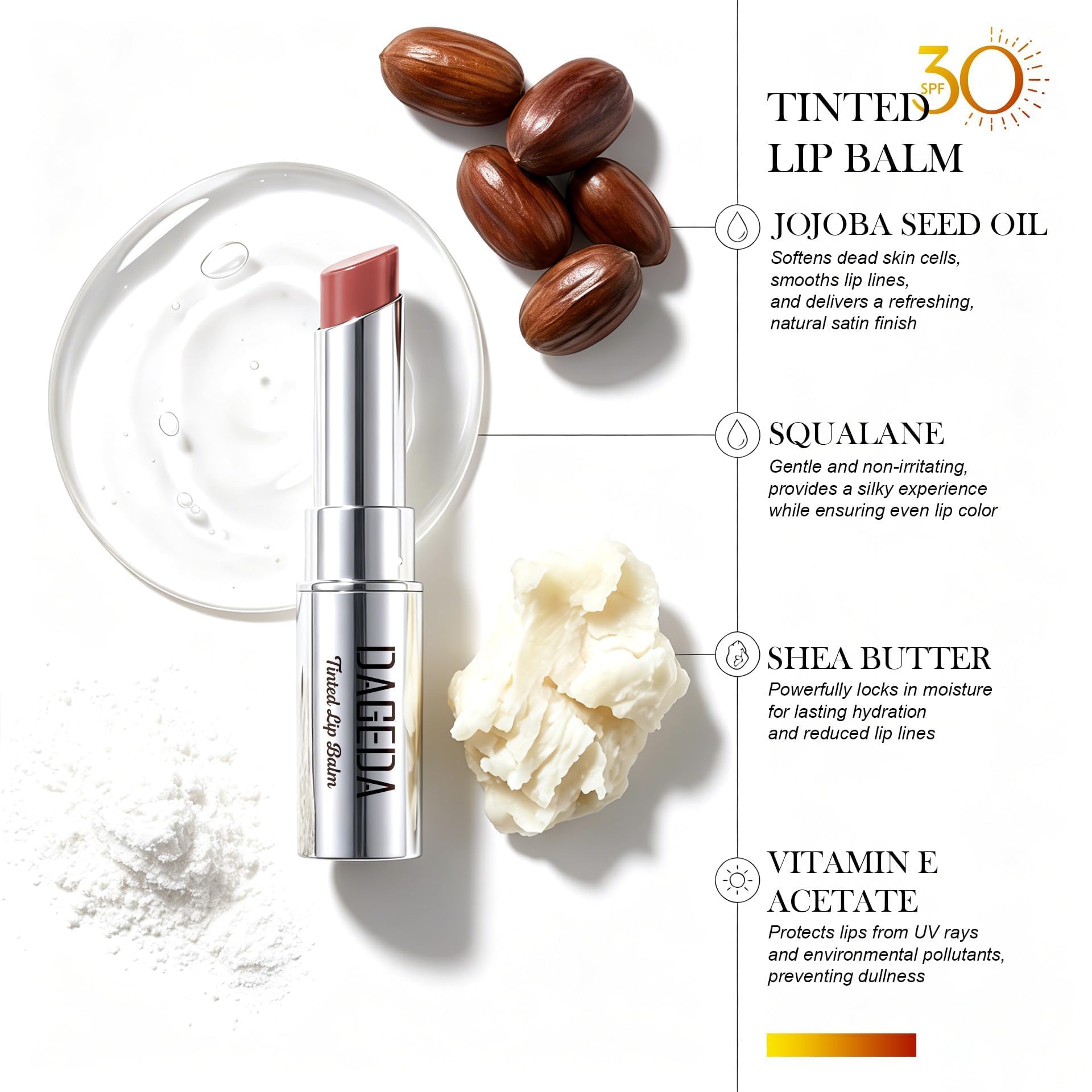 DAGEDA balm texture closeup showing sheer glossy finish and smooth feel