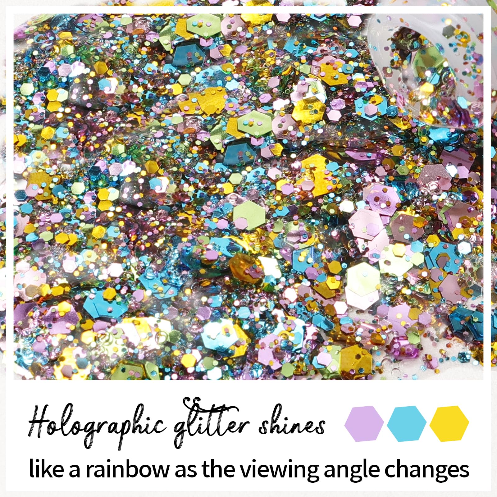 DAGEDA texture close-up displaying holographic chunky flakes for intense sparkle