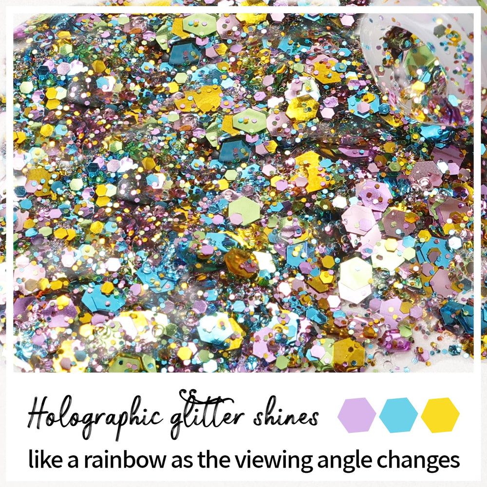 DAGEDA texture close-up displaying holographic chunky flakes for intense sparkle