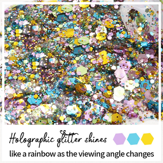 DAGEDA texture close-up displaying holographic chunky flakes for intense sparkle