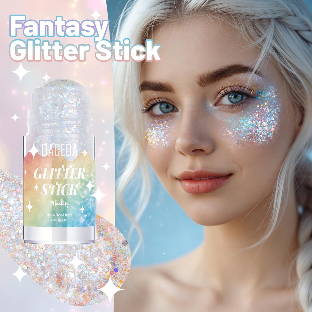 DAGEDA close-up texture of glitter stick showing mixed fine and chunky particles for radiant shimmer