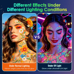 DAGEDA UV glow demo of painted designs glowing under blacklight to enhance party looks