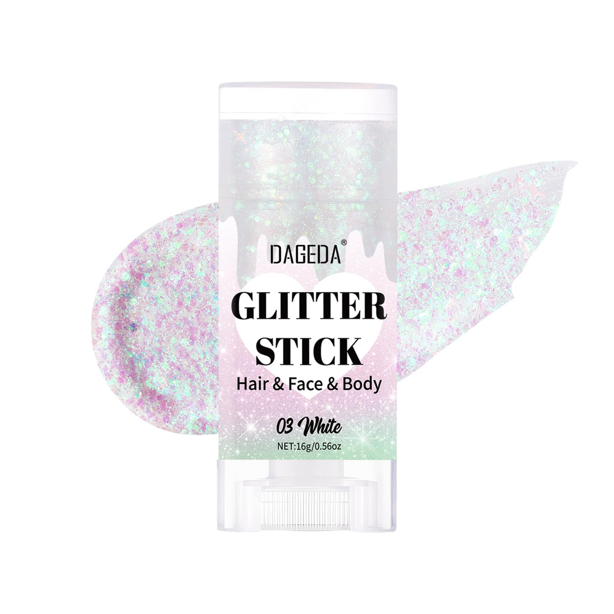 DAGEDA white glitter stick front view showing product and label for easy identification