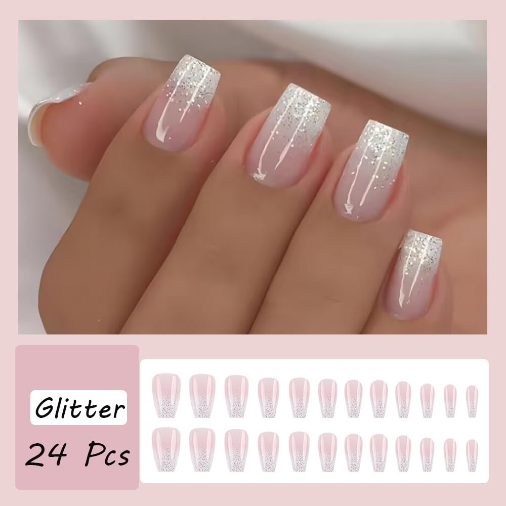 DAJIJIYOU close-up of pink glitter gradient French tips highlighting glossy finish and sparkle