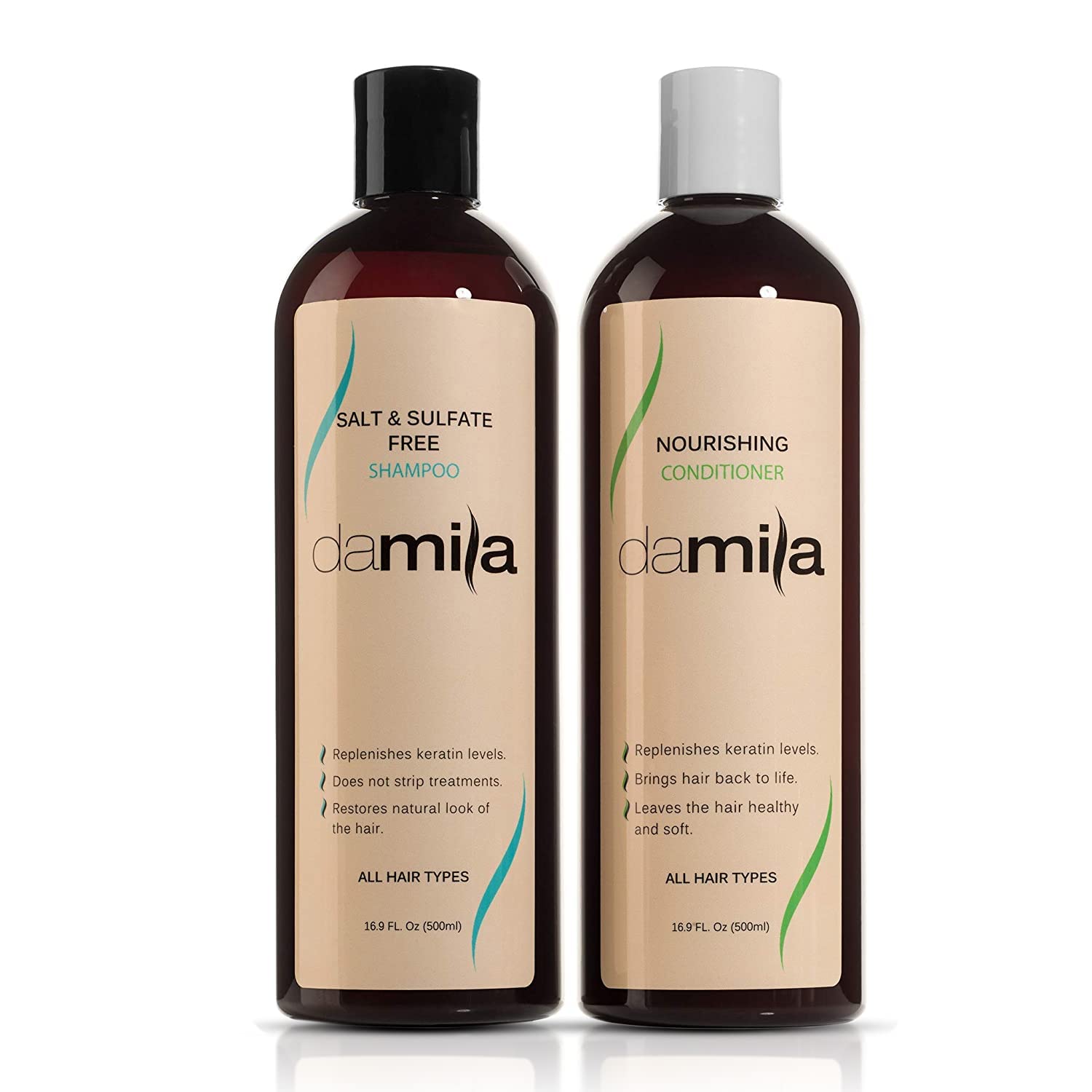 damila front packaging showing full shampoo and conditioner set and benefits