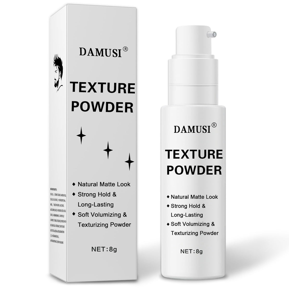 DAMUSI front packaging showing compact volumizing powder for easy styling