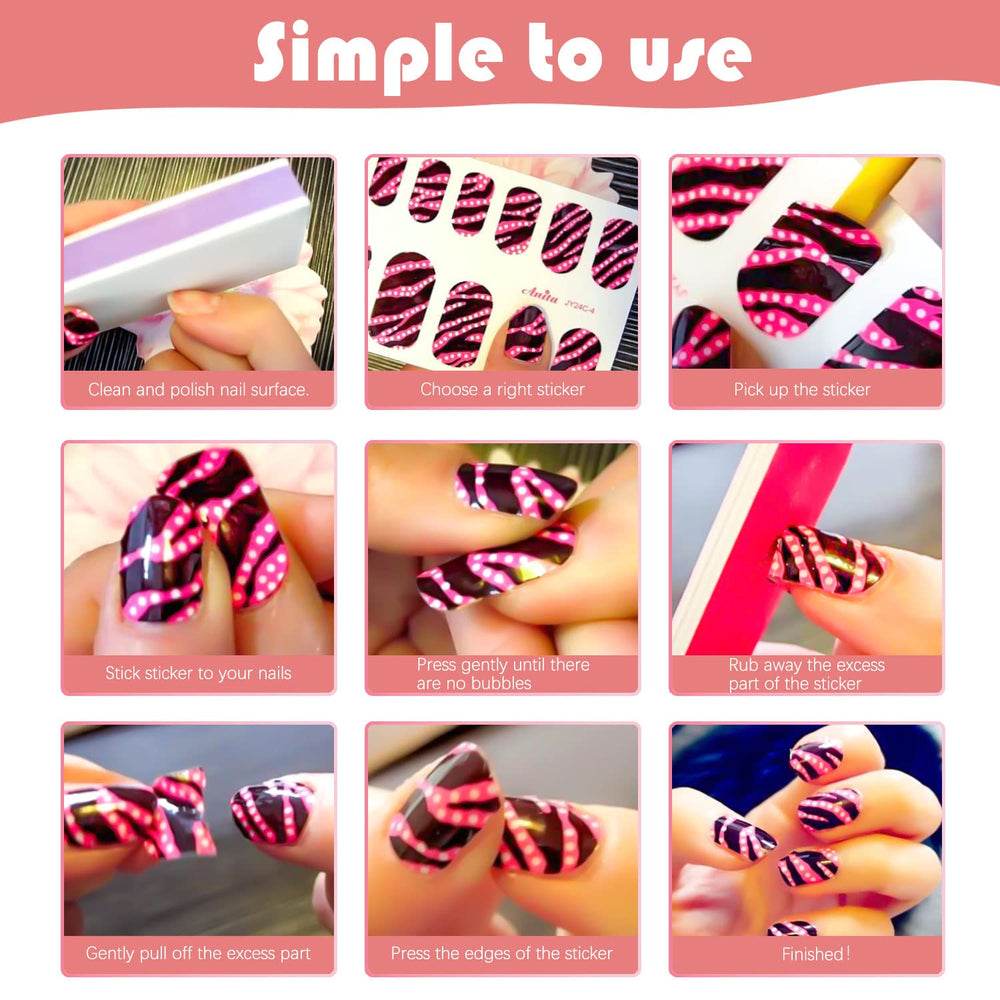 DANNEASY size chart and sheet layout showing 14 pieces, fits most nails