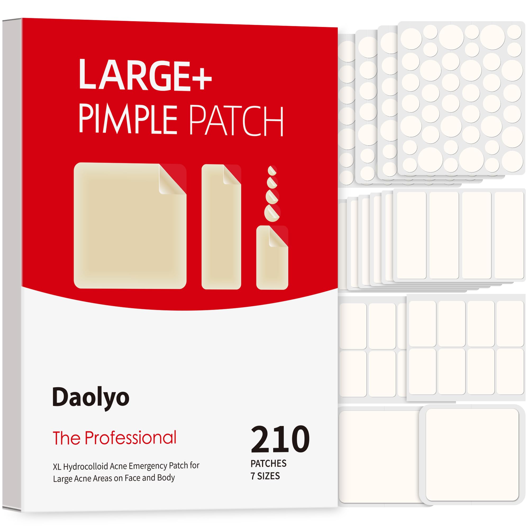 Daolyo front packaging showing 210 acne patches and sizes, clear organization benefit