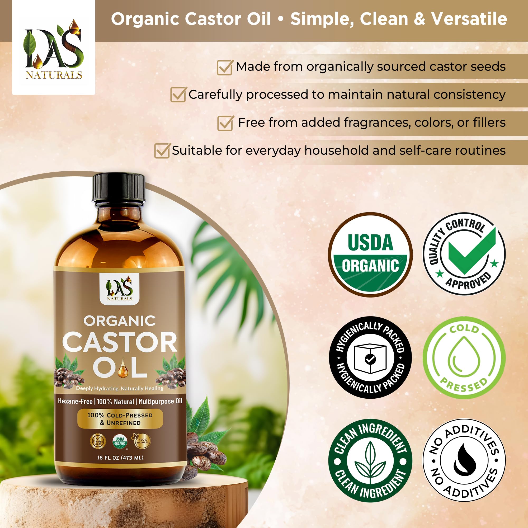 DAS NATURALS castor seeds and oil to highlight single-ingredient purity