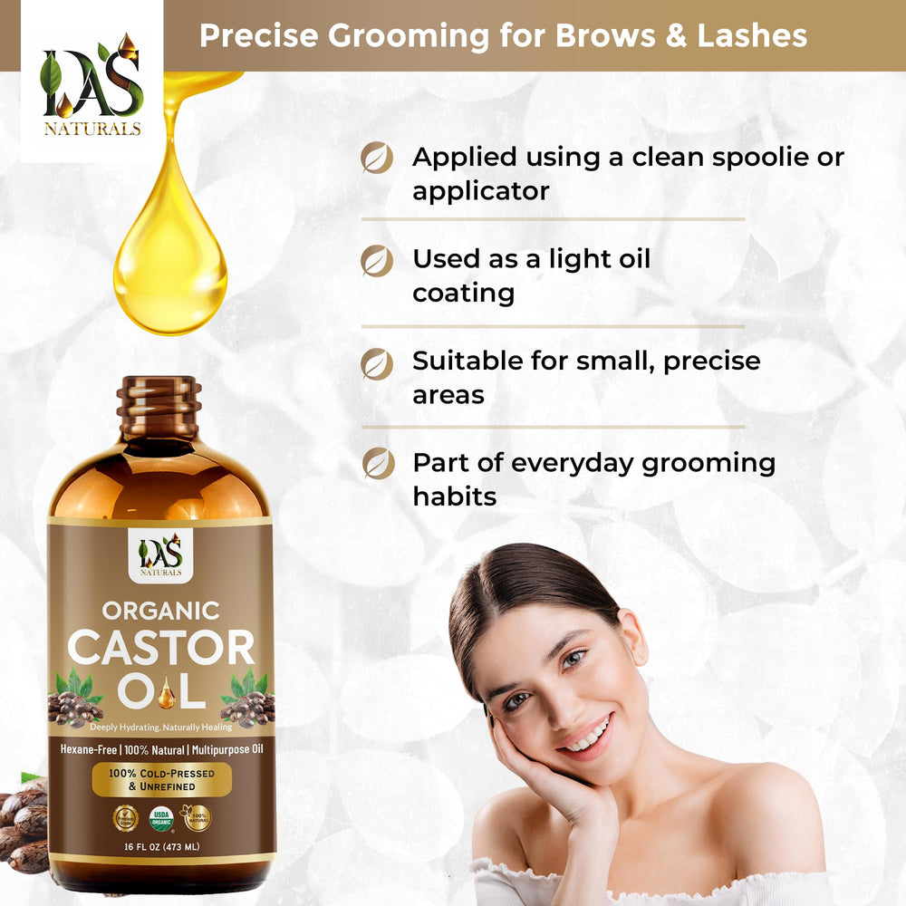 DAS NATURALS applied to lashes with spoolie for neat conditioning and grooming