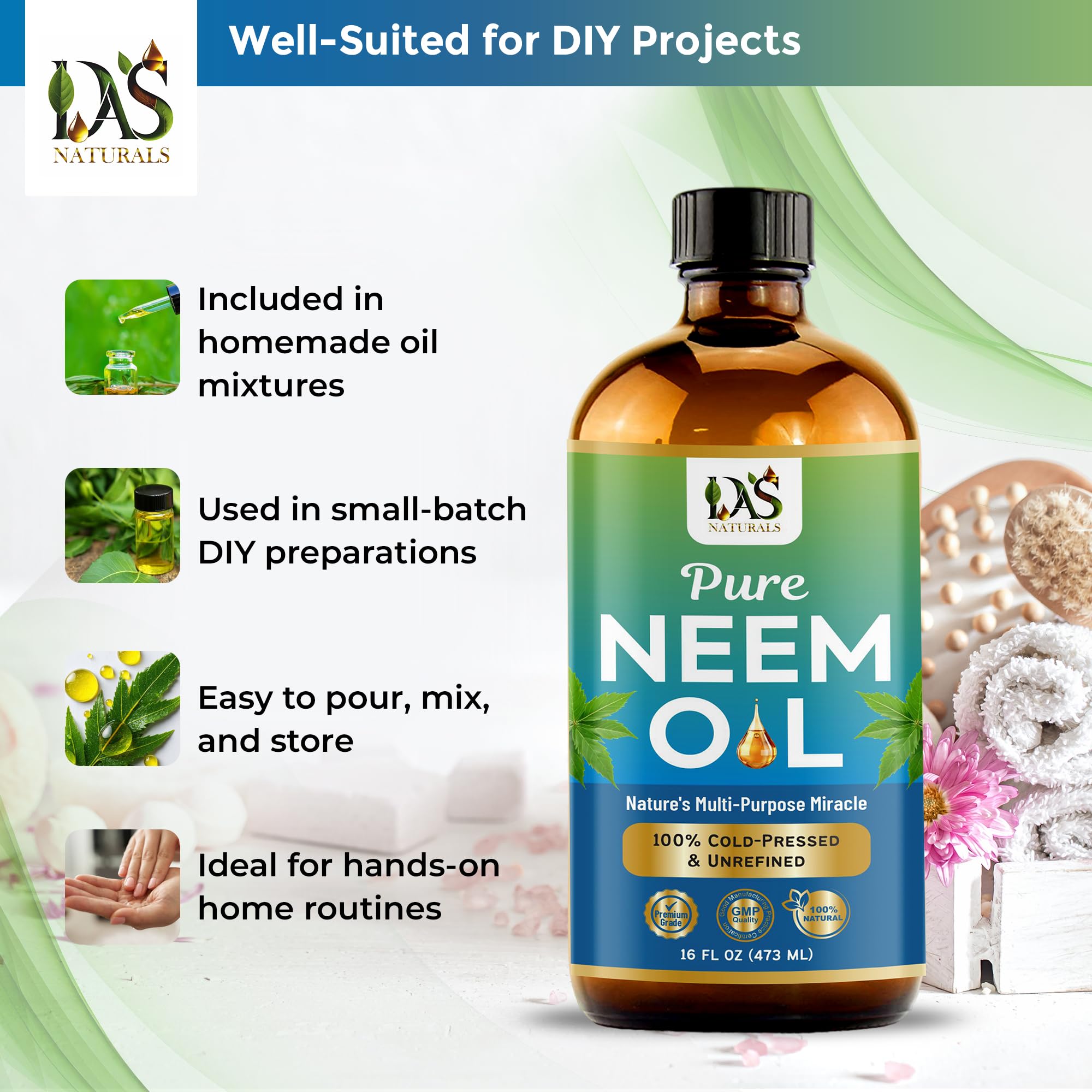 DAS NATURALS bottle warming in water to illustrate liquid restoration method