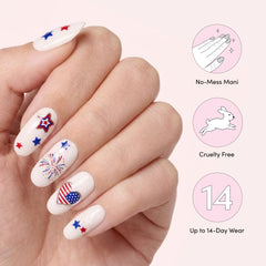 Dashing Diva stickers applied on nails in use showing quick festive manicures that look salon-made