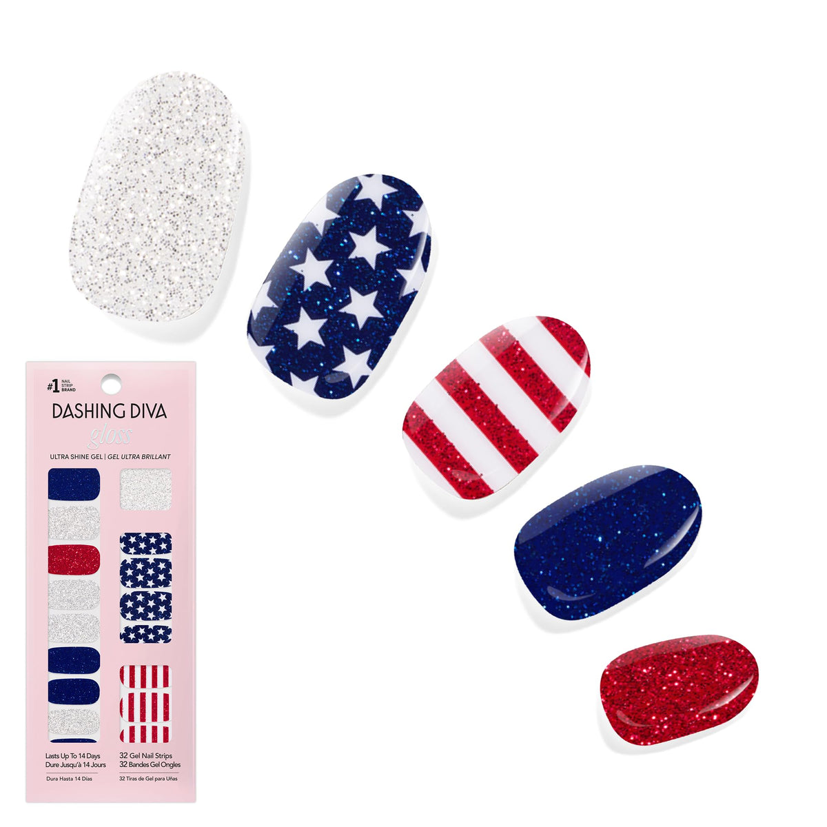 Dashing Diva Salute front packaging showing patriotic strips and included tools for quick use