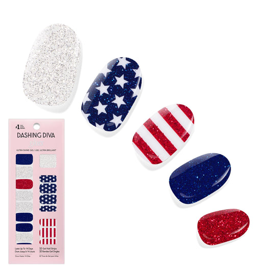 Dashing Diva Salute front packaging showing patriotic strips and included tools for quick use
