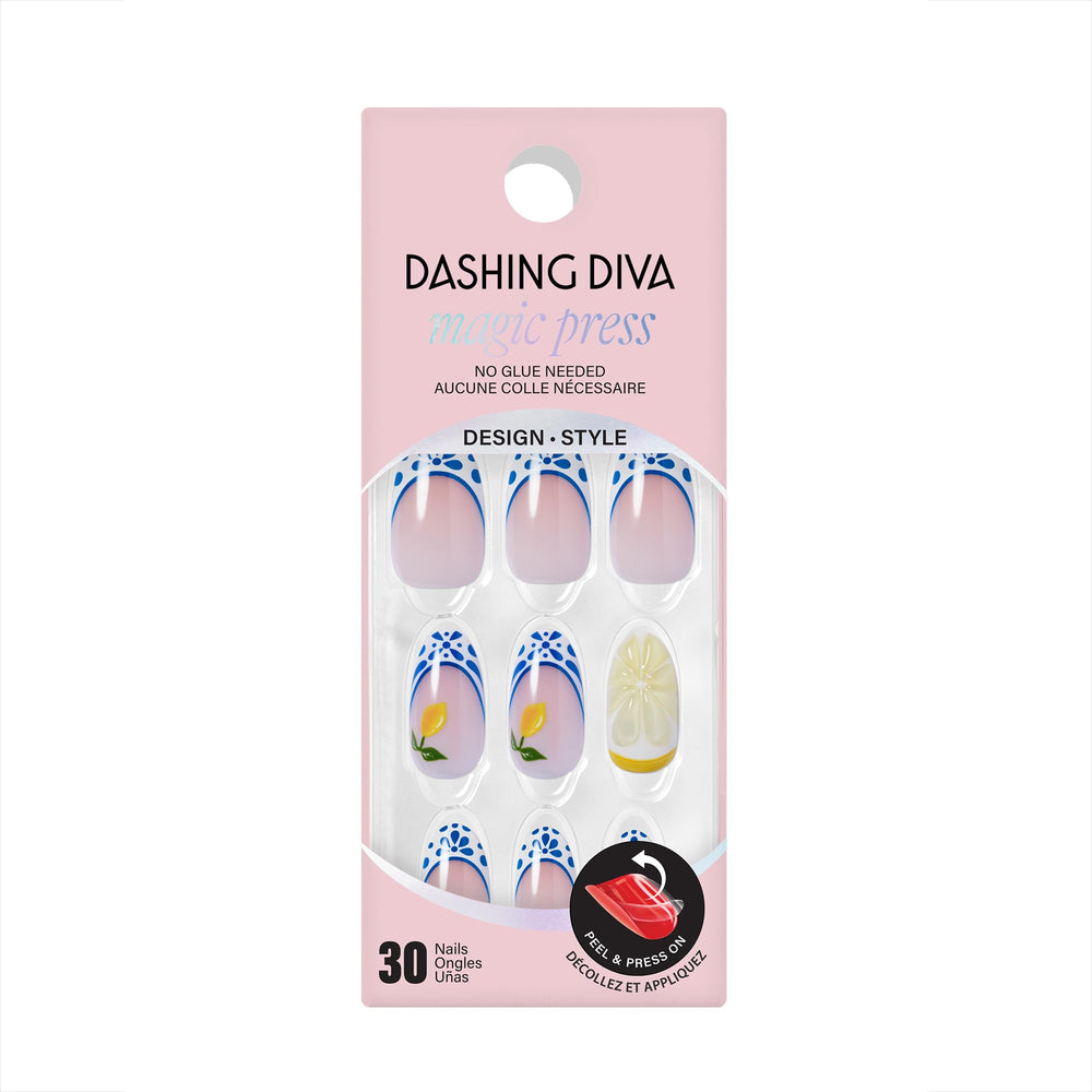 Dashing Diva front packaging showing 30-count kit and included tools for instant glossy nails