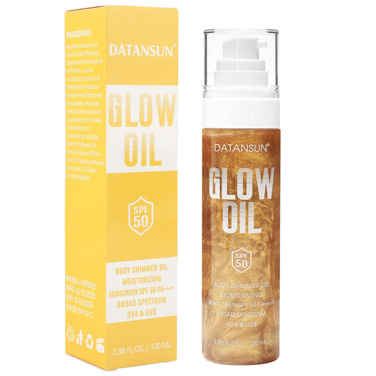 DATANSUN front bottle view showing SPF 50 protection and amber glow