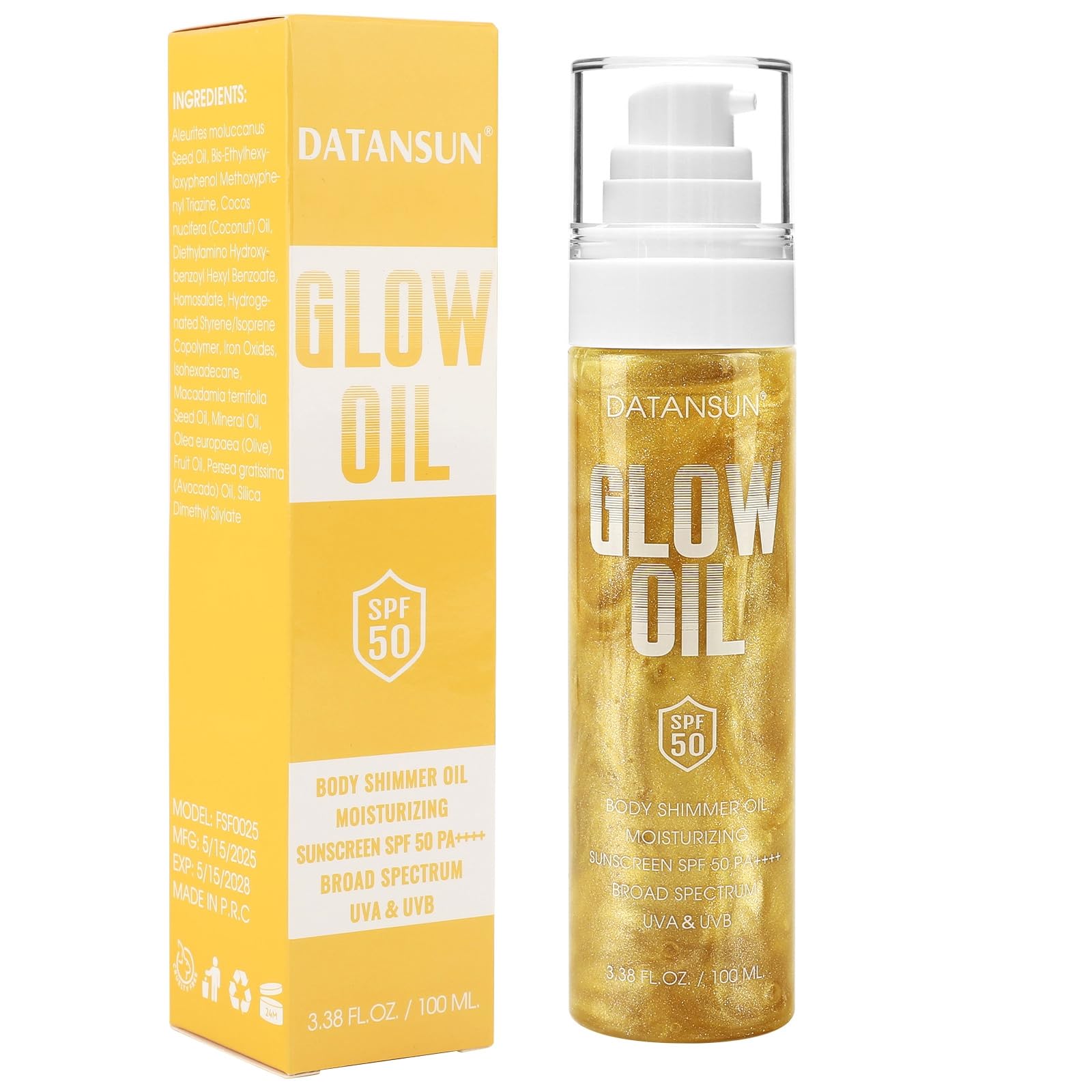 DATANSUN front packaging gold bottle showing SPF50 protection and shimmer
