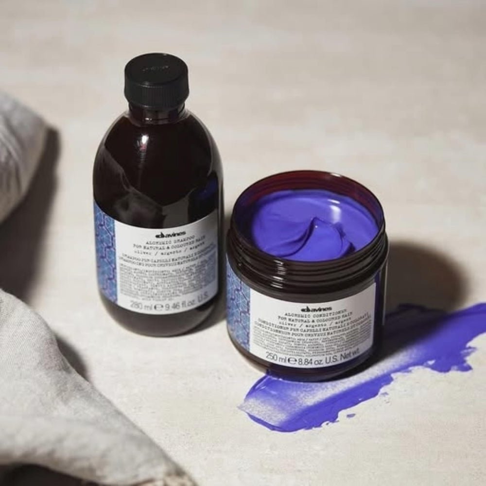 Davines before and after hair results showing reduced brassiness