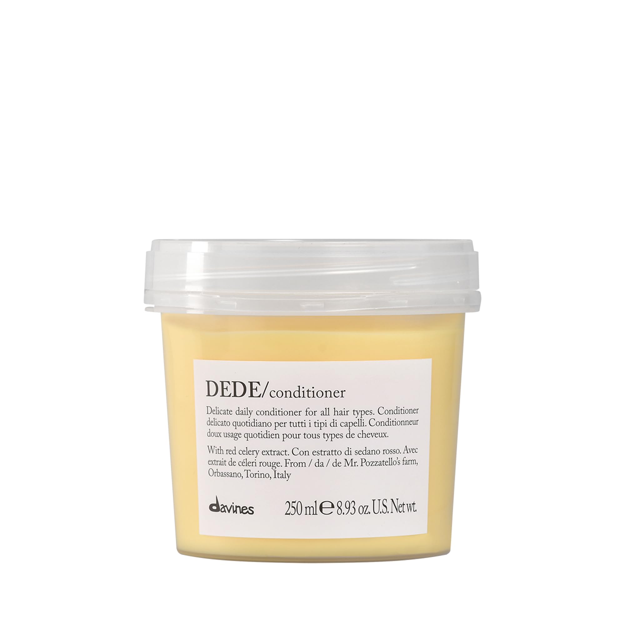 Davines DEDE front packaging showing bottle and volume, lightweight hydration benefit