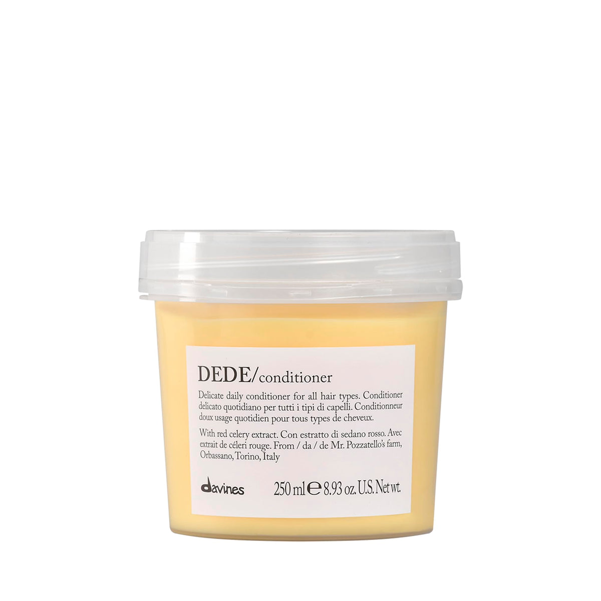 Davines DEDE front packaging showing bottle and volume, lightweight hydration benefit