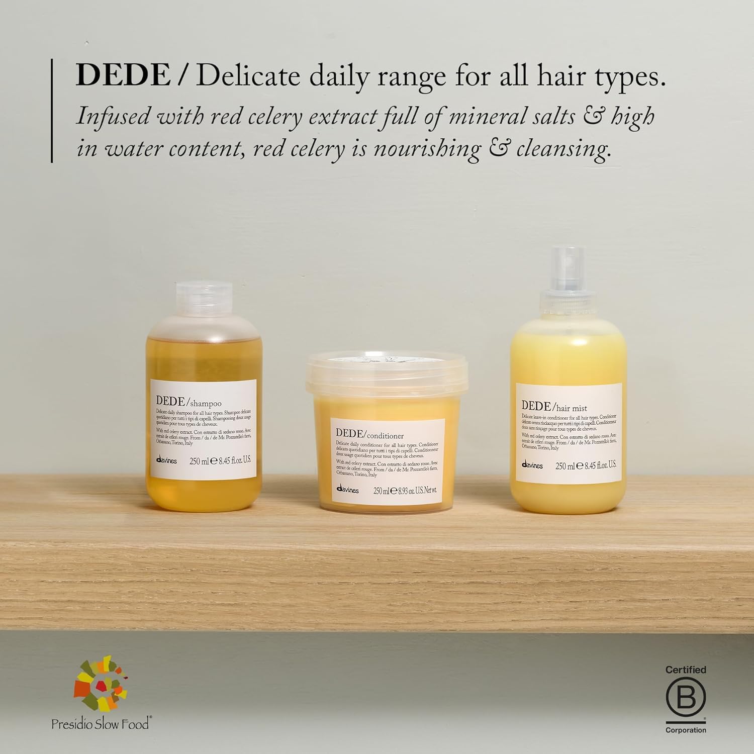 Davines DEDE being poured onto wet hair illustrating smooth distribution for even cleansing