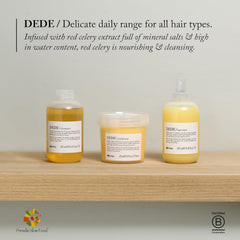 Davines DEDE being poured onto wet hair illustrating smooth distribution for even cleansing