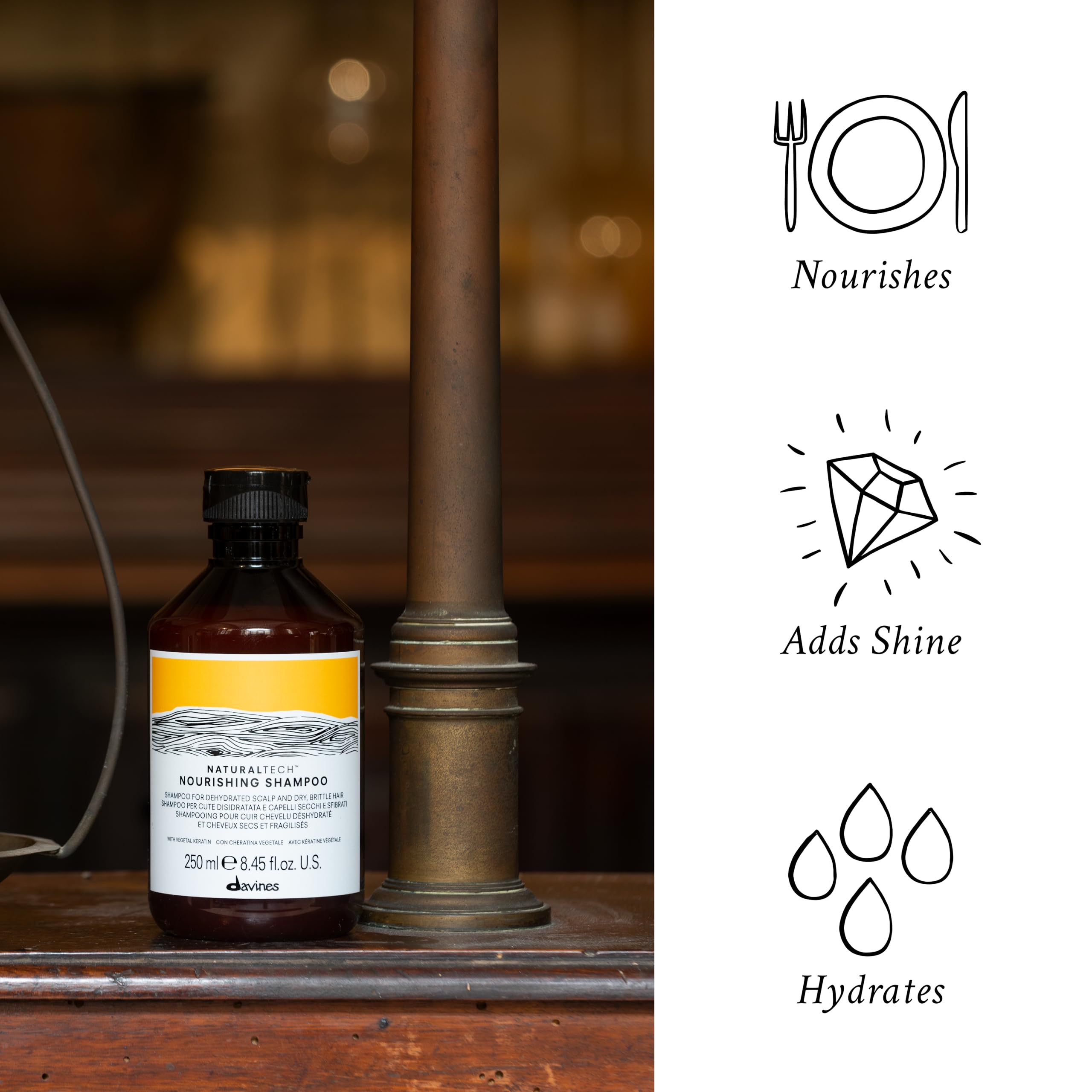 Davines label showing vegetal keratin ingredient for strengthening benefit