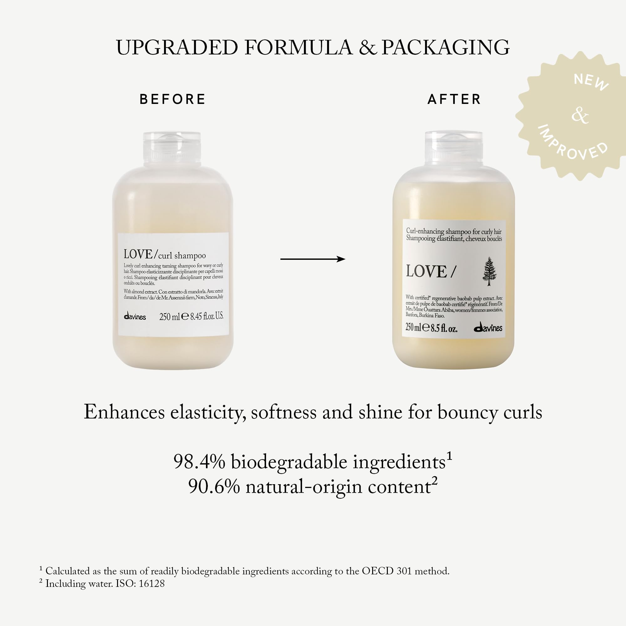 Davines bottle back label with ingredients and directions, easy-to-read usage benefit