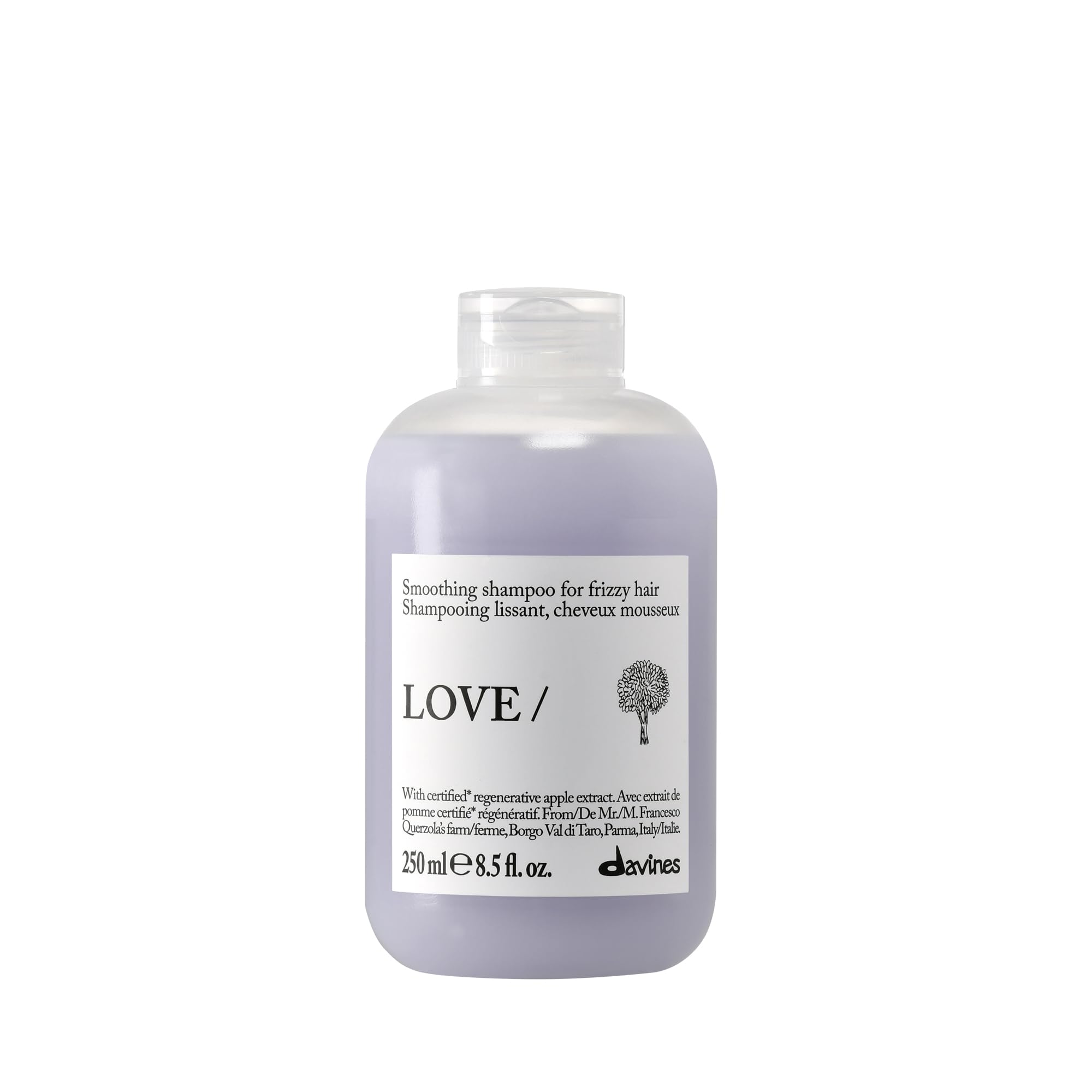 Davines front bottle showing LOVE Smoothing Shampoo benefits and design