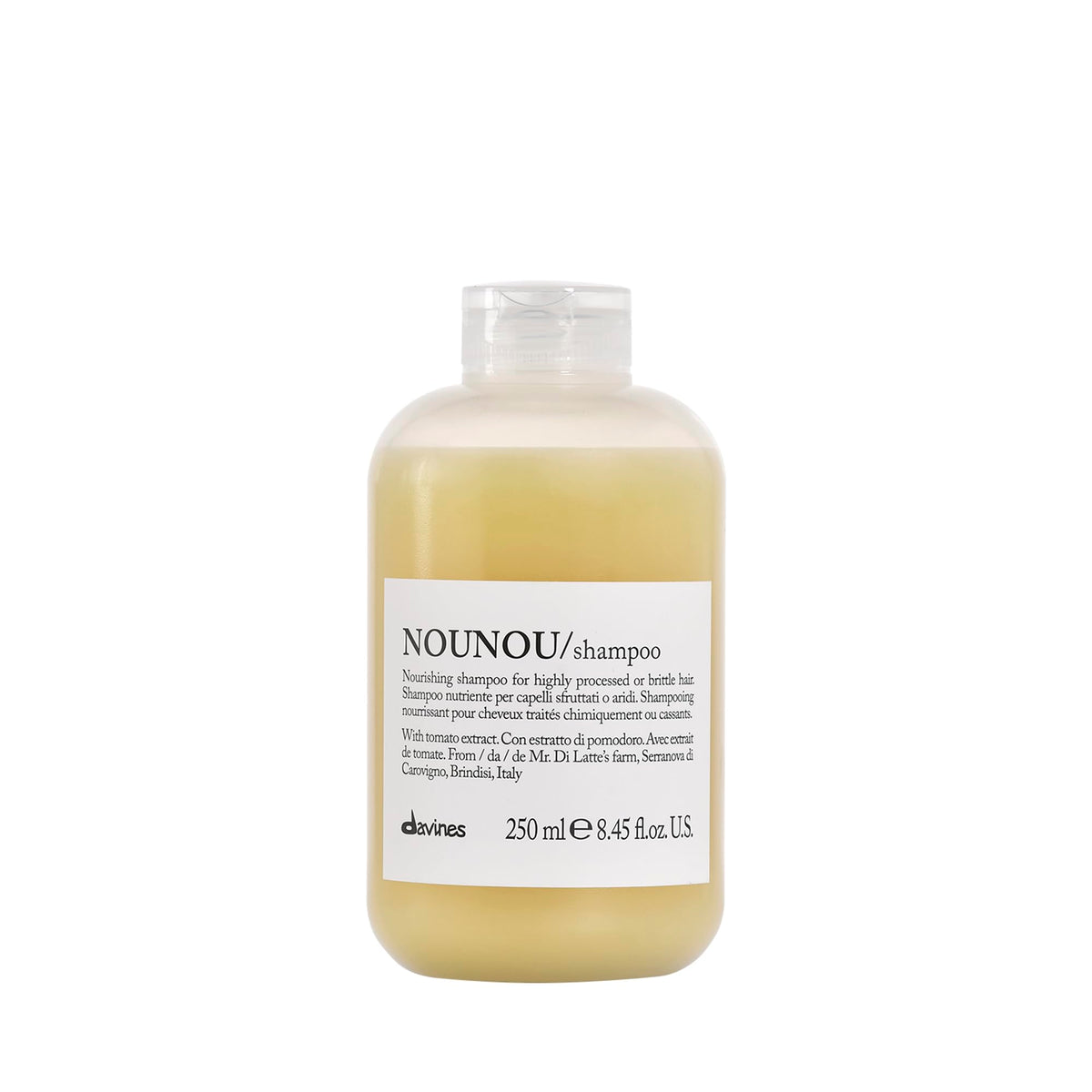Davines LOVE smoothing shampoo front bottle shows packaging and easy dispensing benefit