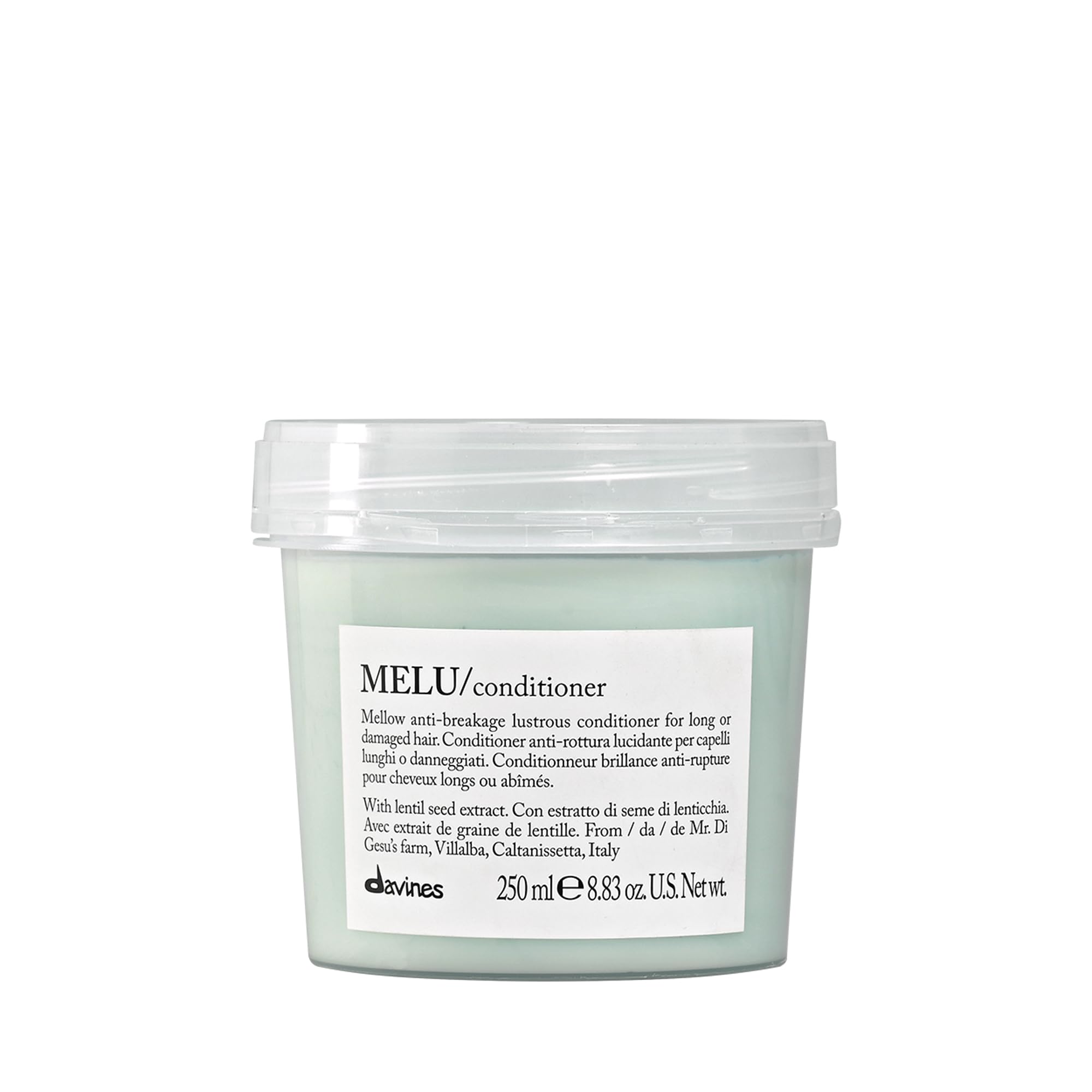 Davines MELU conditioner front bottle showing clean design and easy use