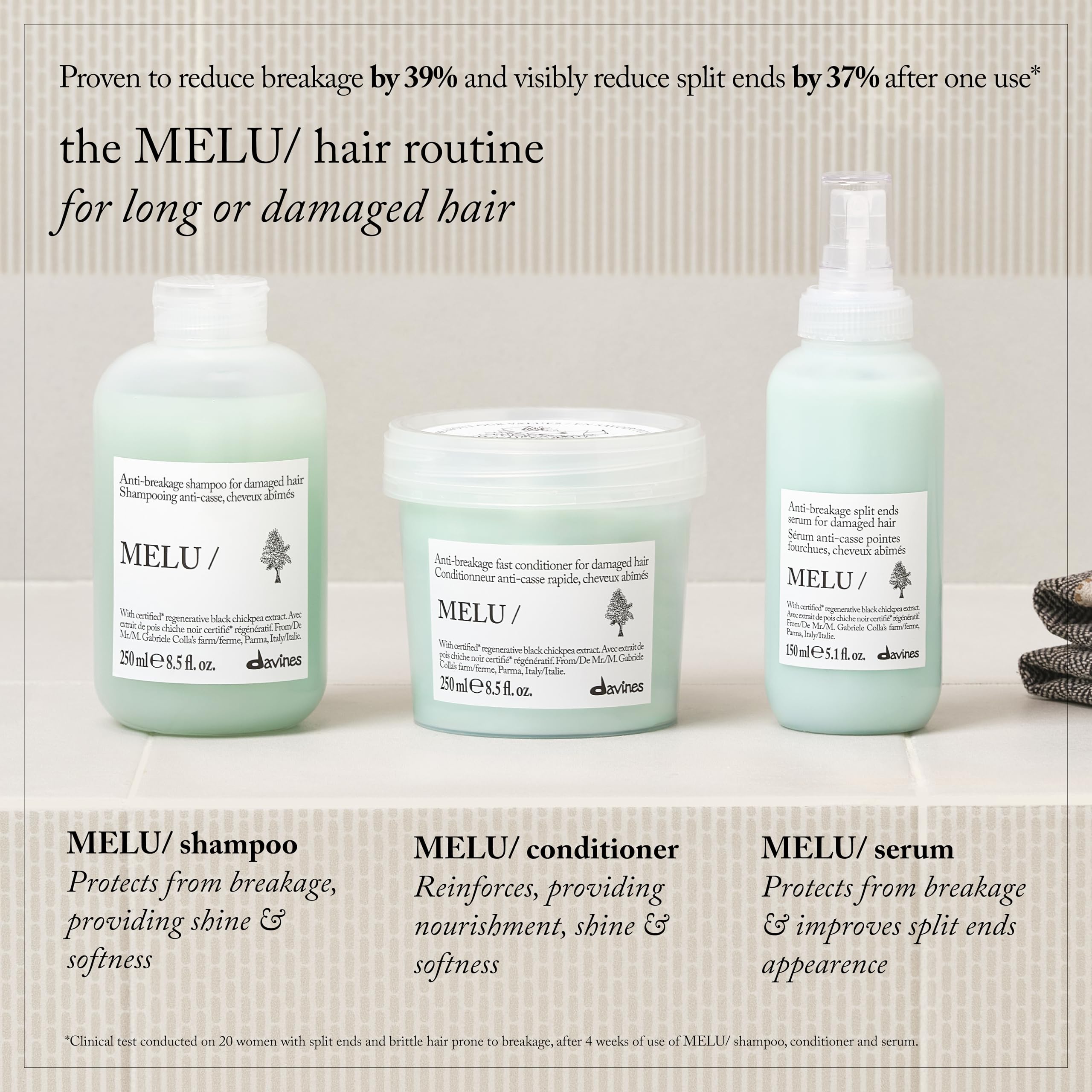 Davines MELU serum held in hand for size scale showing travel-friendly bottle