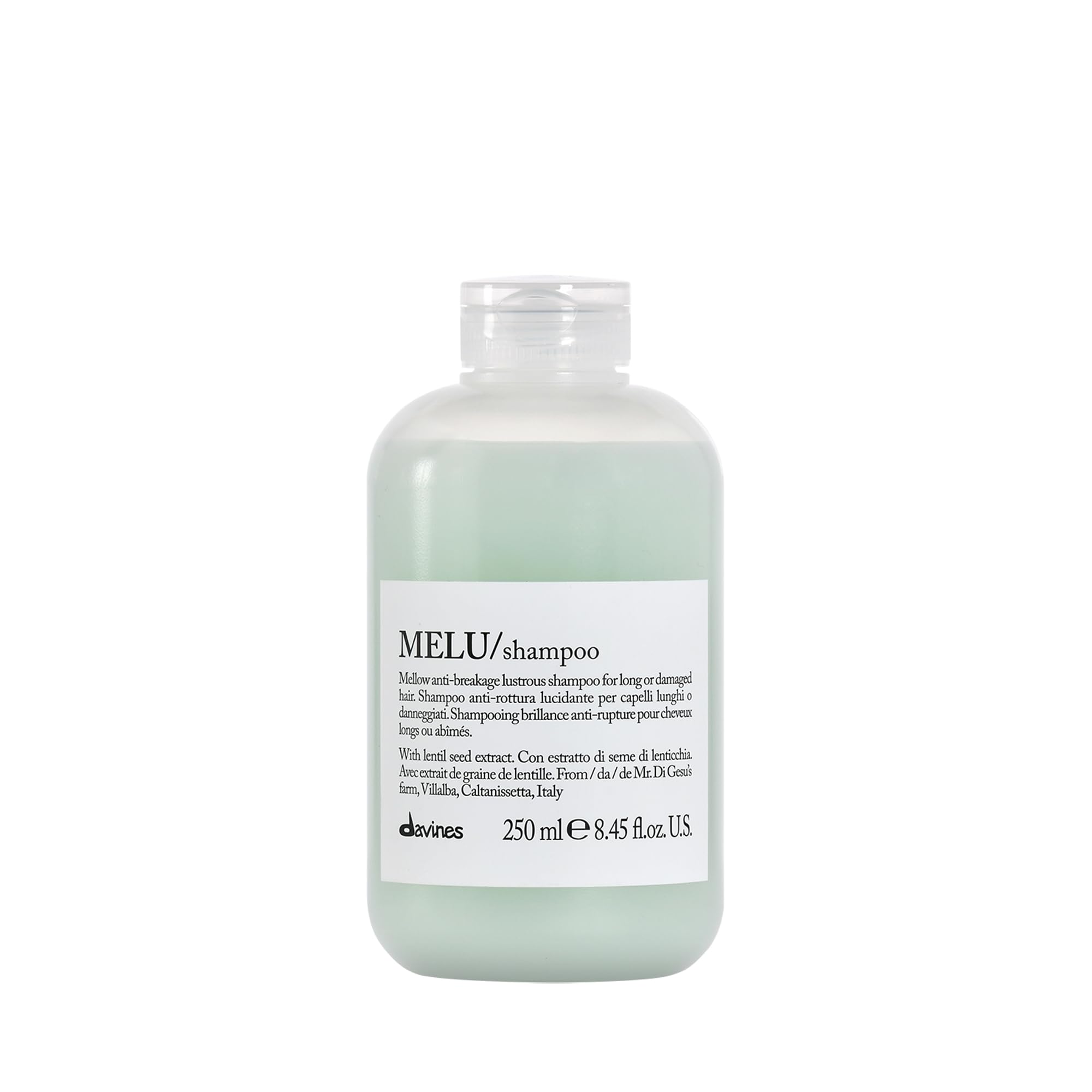 Davines MELU shampoo front bottle showing clean design and brand benefit