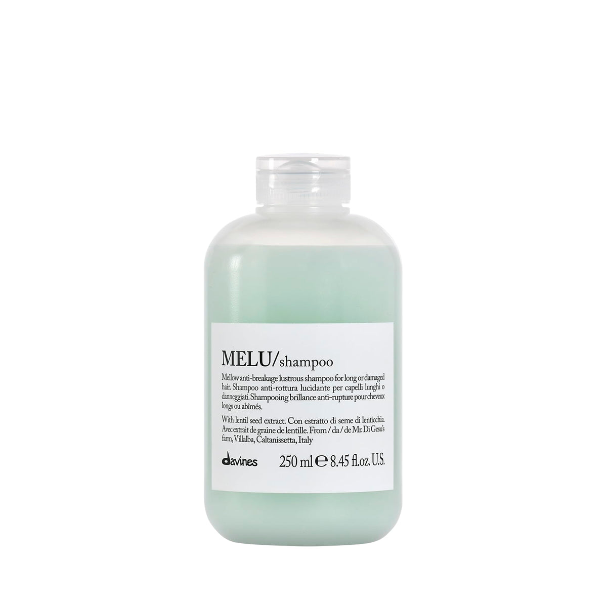 Davines MELU shampoo front bottle showing clean design and brand benefit