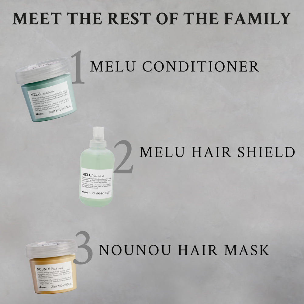 Davines MELU applied to wet hair showing detangling and anti-breakage benefit