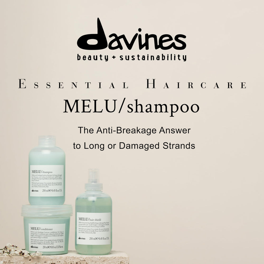 Davines MELU label close-up highlighting ingredients and gentle formula benefits
