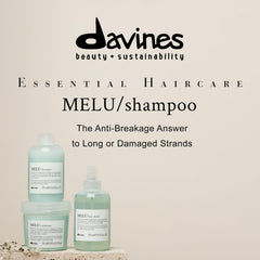 Davines MELU label close-up highlighting ingredients and gentle formula benefits