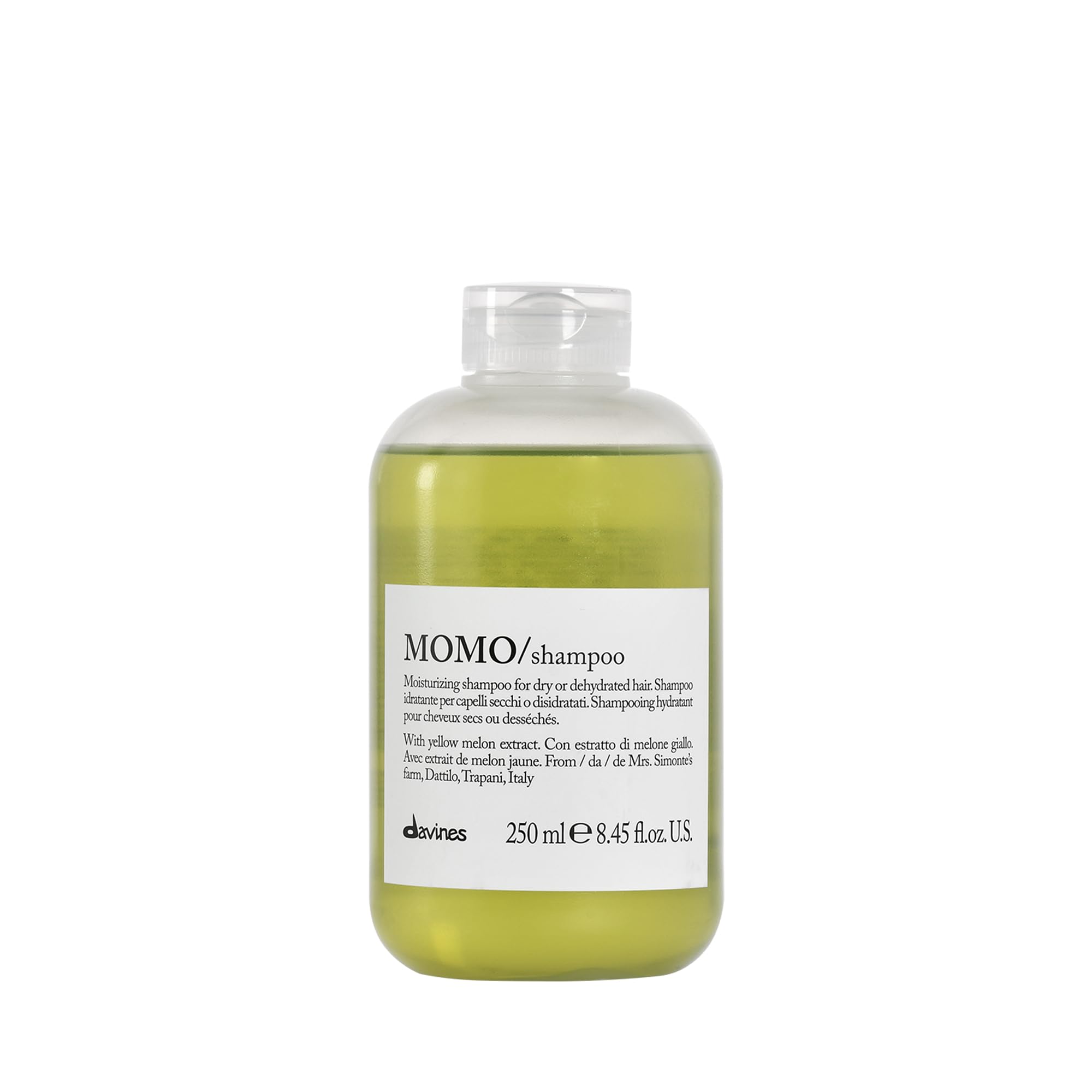 Davines MOMO shampoo front bottle showing product and benefits