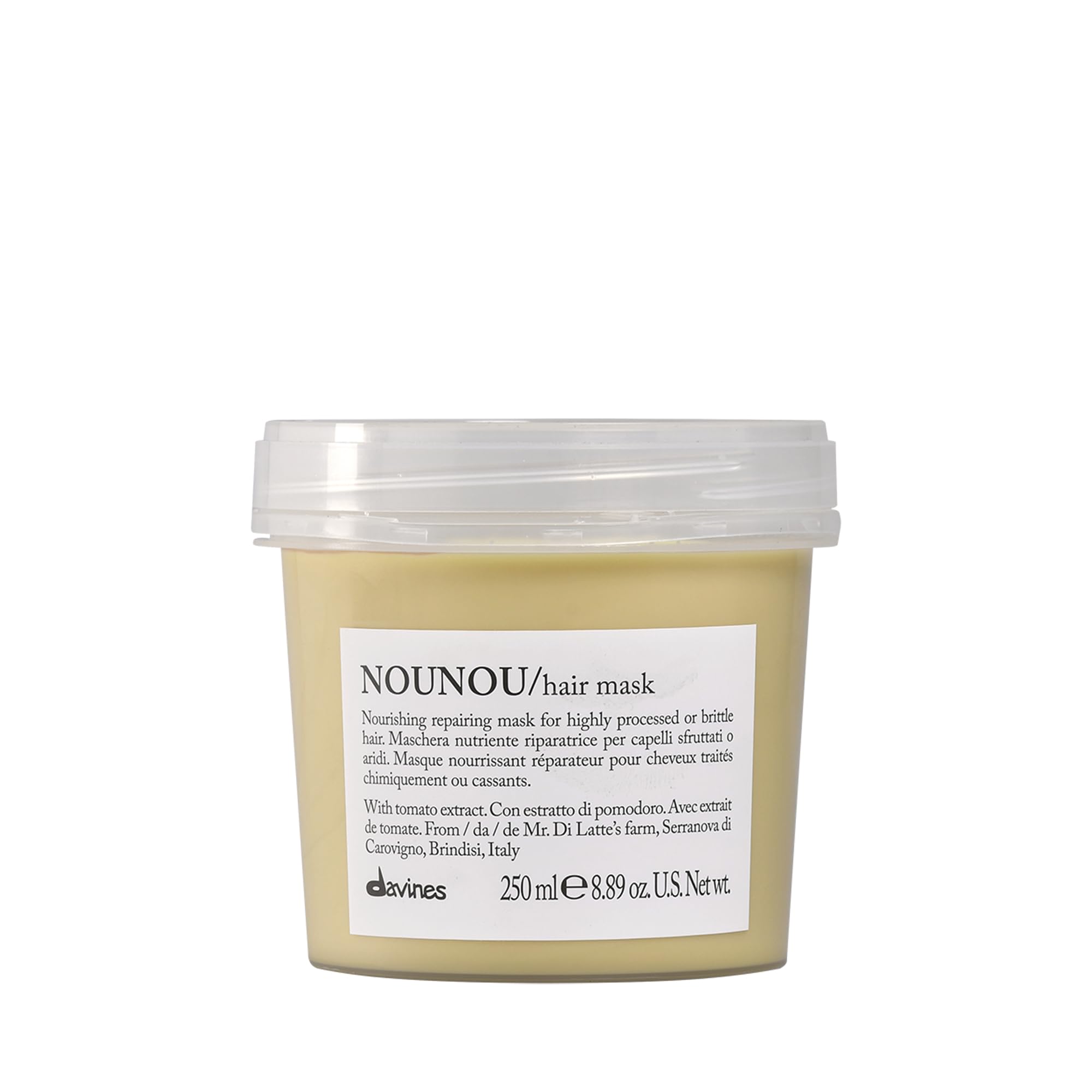 Davines front packaging showing product benefits and formulation