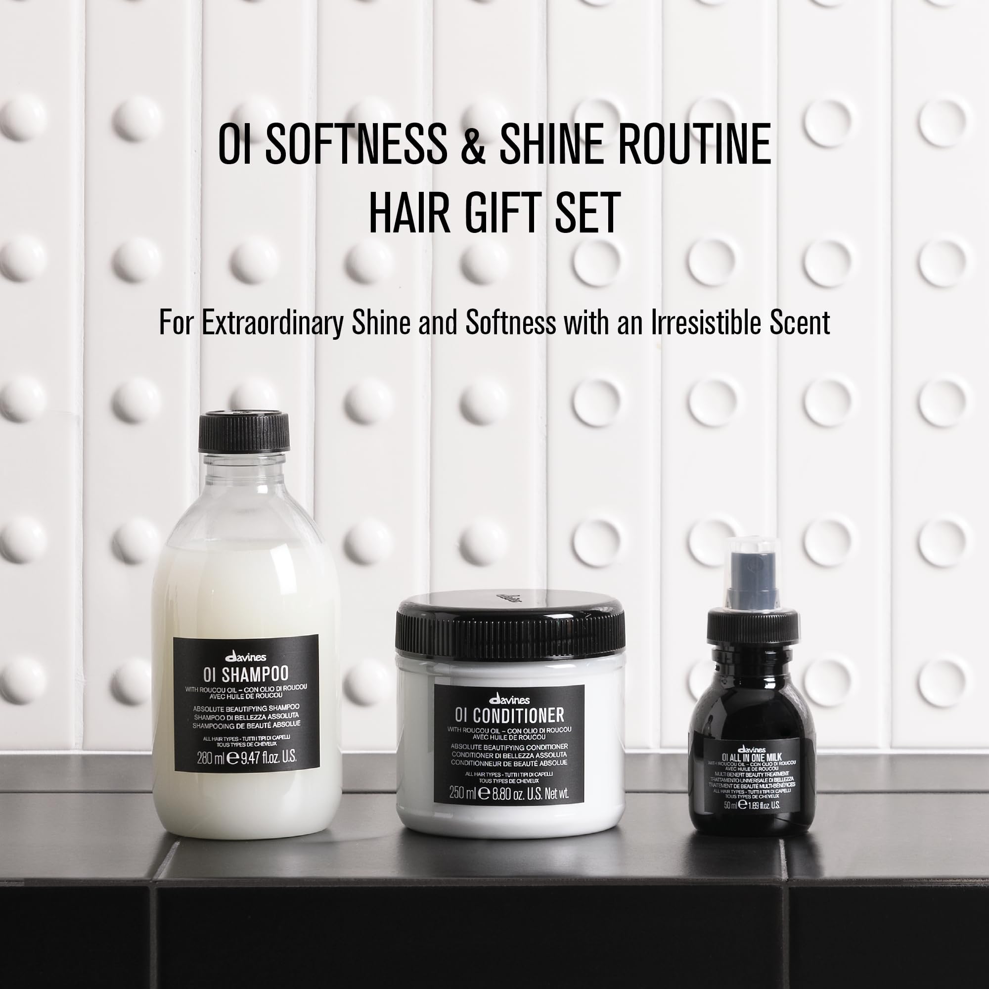 Davines OI Conditioner label detail showing nourishing, detangling benefit