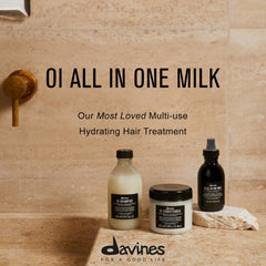 Davines OI All In One Milk close up of spray nozzle and milky texture demonstrating even mist