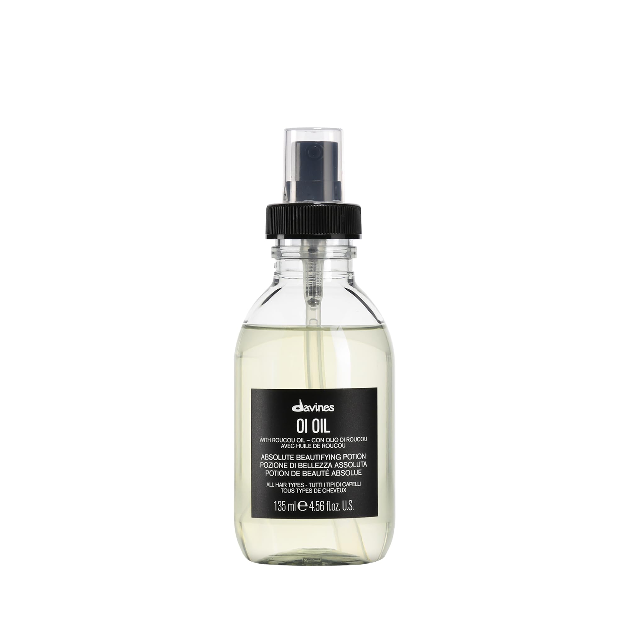 Davines OI Oil front bottle shows sleek design and lightweight shine benefit