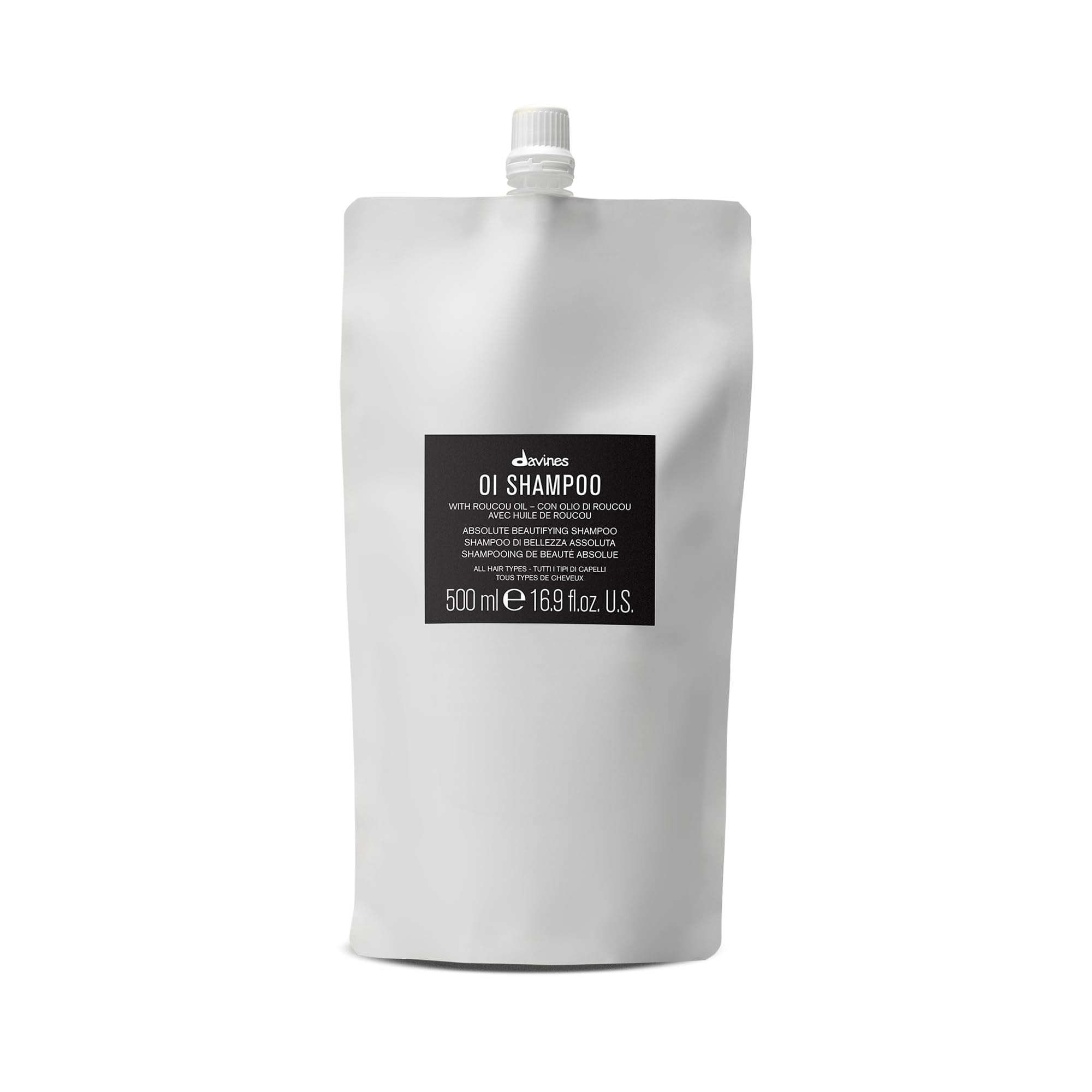 Davines OI shampoo refill front view showing packaging and size benefit
