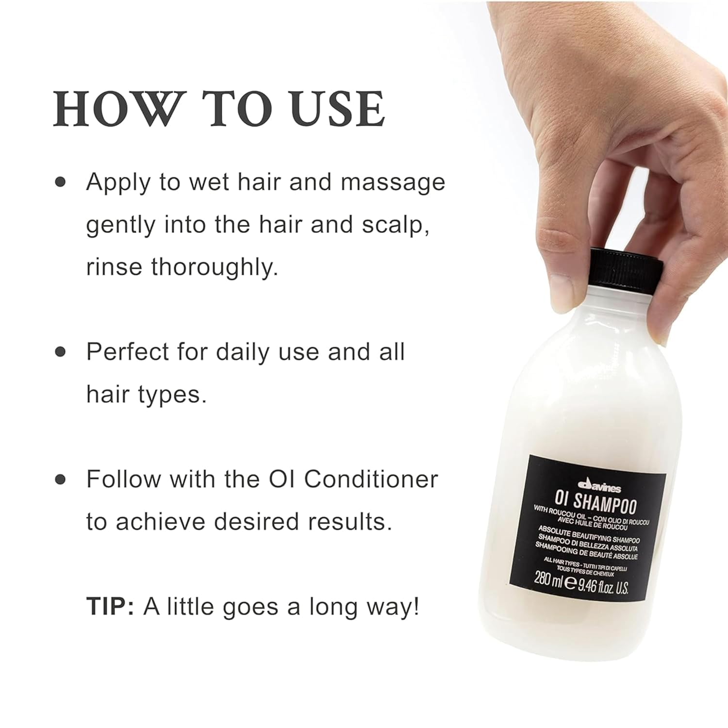 Davines Roucou oil beside Davines OI Shampoo showing nourishing ingredient benefit