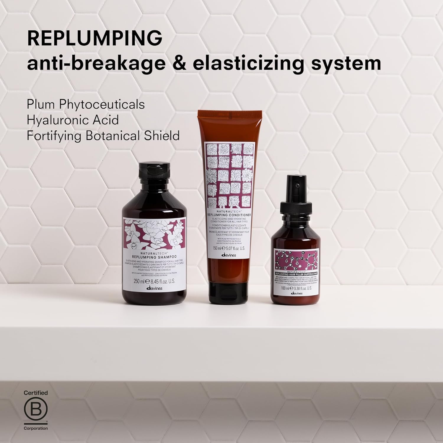 Davines replumping conditioner applied to wet lengths detangles hair