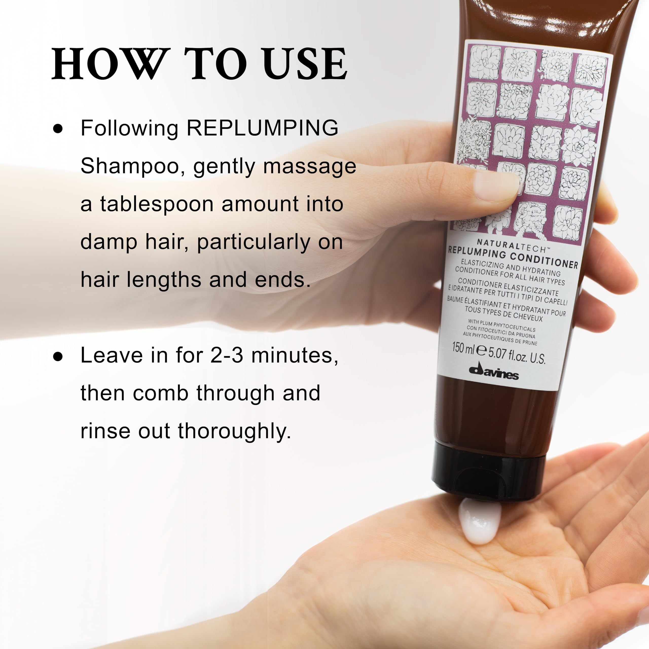 Davines replumping conditioner bottle held in hand shows actual scale
