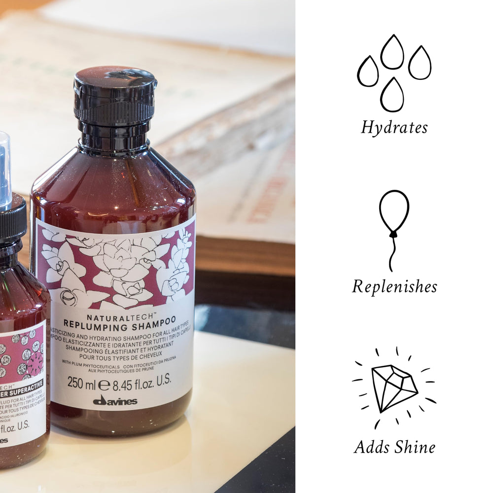 Davines replumping shampoo creamy foam texture highlighting gentle cleansing benefit
