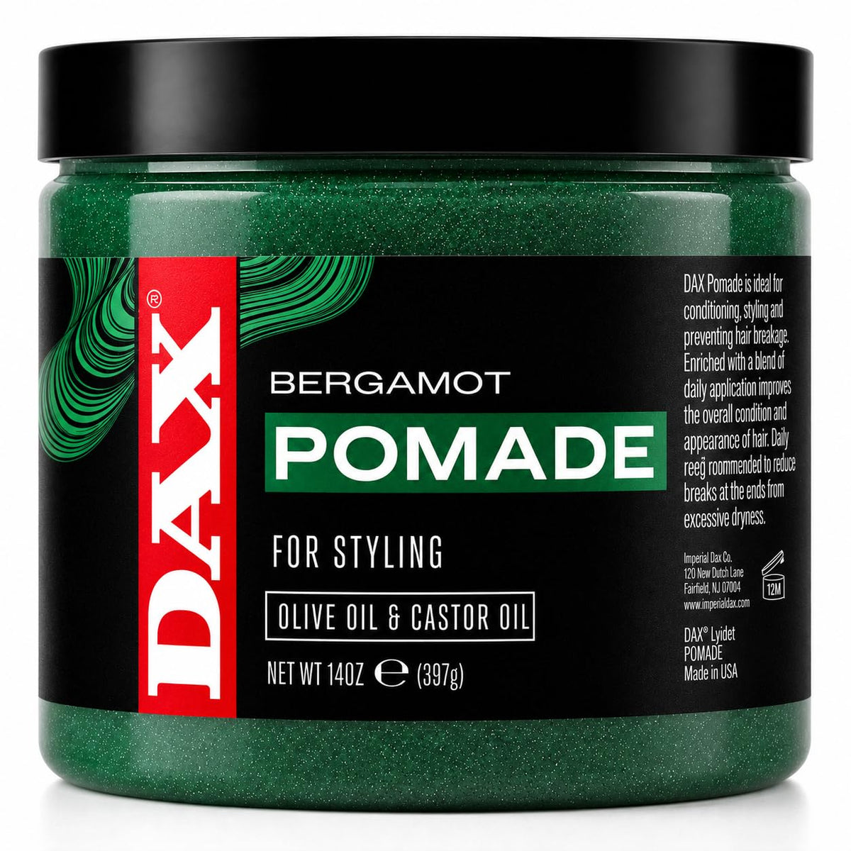 DAX pomade 14 oz front jar showing label and large pack benefit