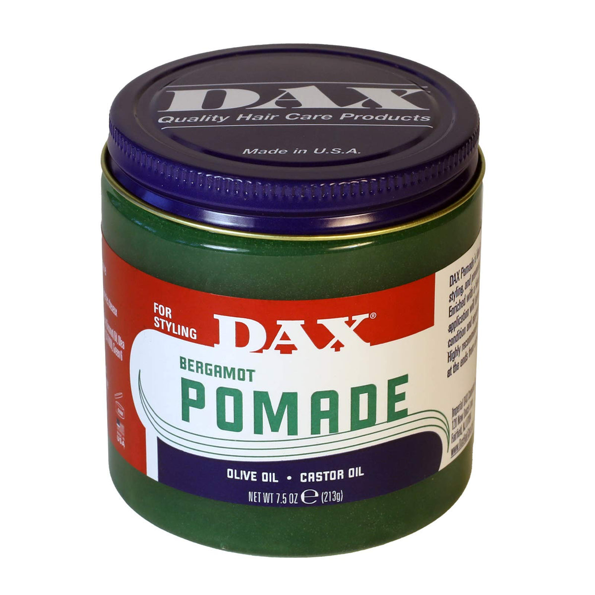 DAX pomade front tin showing label and size, highlighting trusted conditioning benefits