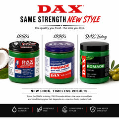 DAX pomade jar beside measuring tape showing size and long-lasting supply